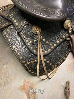 Heavily Tooled Diamond Studded 14 Black Leather Western Show Saddle Roping