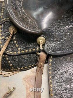 Heavily Tooled Diamond Studded 14 Black Leather Western Show Saddle Roping