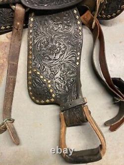 Heavily Tooled Diamond Studded 14 Black Leather Western Show Saddle Roping