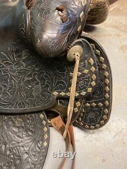 Heavily Tooled Diamond Studded 14 Black Leather Western Show Saddle Roping