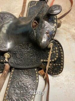 Heavily Tooled Diamond Studded 14 Black Leather Western Show Saddle Roping