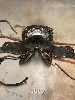 Heavily Tooled Diamond Studded 14 Black Leather Western Show Saddle Roping