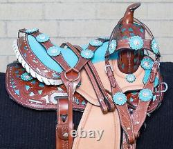 Horse Saddle Western Used Trail Barrel Show Blue Turquoise Inlay Leather Tack