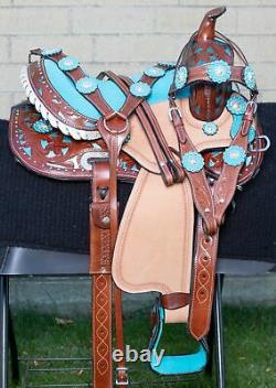 Horse Saddle Western Used Trail Barrel Show Blue Turquoise Inlay Leather Tack