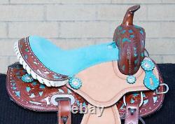 Horse Saddle Western Used Trail Barrel Show Blue Turquoise Inlay Leather Tack