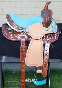 Horse Saddle Western Used Trail Barrel Show Blue Turquoise Inlay Leather Tack