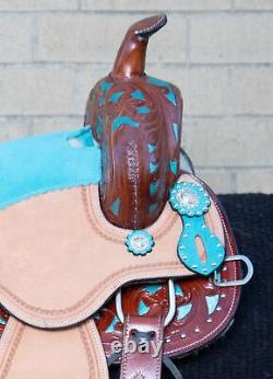 Horse Saddle Western Used Trail Barrel Show Blue Turquoise Inlay Leather Tack