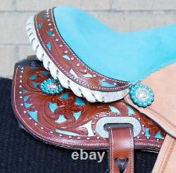 Horse Saddle Western Used Trail Barrel Show Blue Turquoise Inlay Leather Tack