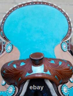 Horse Saddle Western Used Trail Barrel Show Blue Turquoise Inlay Leather Tack