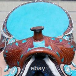 Horse Saddle Western Used Trail Barrel Show Blue Turquoise Inlay Leather Tack