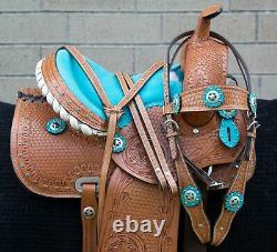 Horse Saddle Western Used Trail Barrel Turquoise Tooled Leather Tack 12 13 14