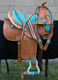 Horse Saddle Western Used Trail Barrel Turquoise Tooled Leather Tack 12 13 14