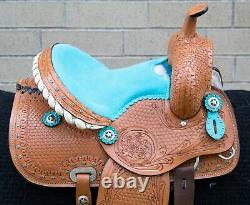 Horse Saddle Western Used Trail Barrel Turquoise Tooled Leather Tack 12 13 14