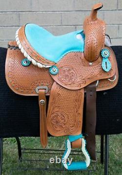 Horse Saddle Western Used Trail Barrel Turquoise Tooled Leather Tack 12 13 14