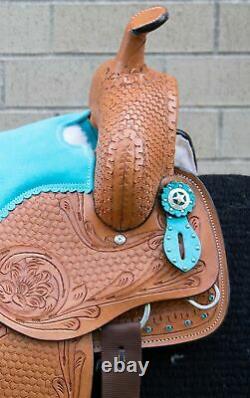 Horse Saddle Western Used Trail Barrel Turquoise Tooled Leather Tack 12 13 14