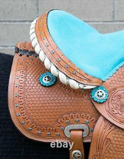 Horse Saddle Western Used Trail Barrel Turquoise Tooled Leather Tack 12 13 14