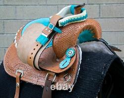 Horse Saddle Western Used Trail Barrel Turquoise Tooled Leather Tack 12 13 14