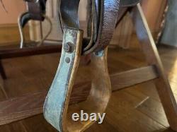 Identical pair of Vintage western trail saddles 14 inch tooled artwork