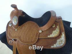 KATHY'S 15.5 WESTERN SHOW SADDLE Hand-Tooled Leather, Gold/Silver Plate NICE