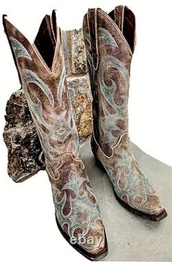 Lanes Women's Western Boots Size 7 Mocha Brown w Light Teal Embroidery with Box