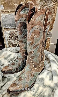 Lanes Women's Western Boots Size 7 Mocha Brown w Light Teal Embroidery with Box