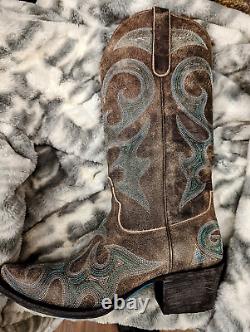 Lanes Women's Western Boots Size 7 Mocha Brown w Light Teal Embroidery with Box