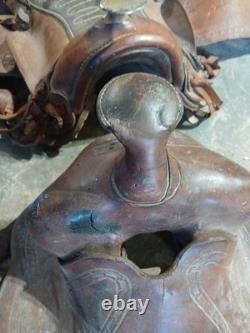 Lot Of 2 Tooled Leather Floral Western Saddle vintage 1 Brahma Brand