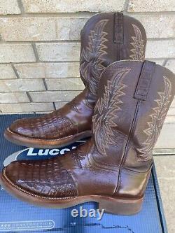 Lucchese Brown Exotic Head Cut Caiman Alligator Saddle Vamp Cowboy Boots 13 D