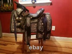 Mexican Charro Western Saddle and Breastplate Embroidered Rich Metal Decoration