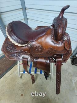 New 16 Brown Color Trail Saddle with Alligator Seat and Tooling