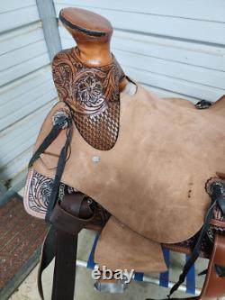 New 16 Wade Tree Hard Tail Roping Saddle with Roughout seat and Tooled leather