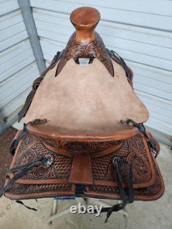 New 16 Wade Tree Hard Tail Roping Saddle with Roughout seat and Tooled leather