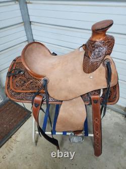 New 16 Wade Tree Hard Tail Roping Saddle with Roughout seat and Tooled leather