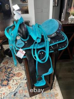 New Turquoise Western Barrel Racing Saddle w Matching Headstall, Reins, Breast c