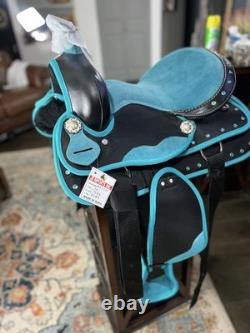 New Turquoise Western Barrel Racing Saddle w Matching Headstall, Reins, Breast c