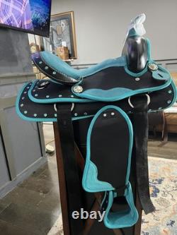 New Turquoise Western Barrel Racing Saddle w Matching Headstall, Reins, Breast c