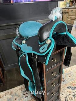 New Turquoise Western Barrel Racing Saddle w Matching Headstall, Reins, Breast c