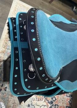New Turquoise Western Barrel Racing Saddle w Matching Headstall, Reins, Breast c