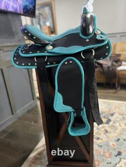 New Turquoise Western Barrel Racing Saddle w Matching Headstall, Reins, Breast c