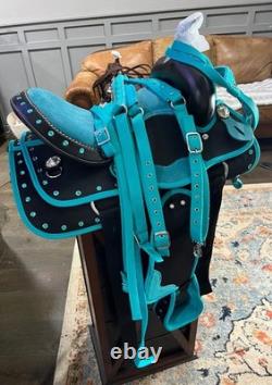 New Turquoise Western Barrel Racing Saddle w Matching Headstall, Reins, Breast c
