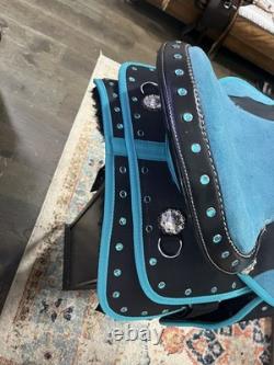 New Turquoise Western Barrel Racing Saddle w Matching Headstall, Reins, Breast c