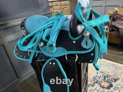 New Turquoise Western Barrel Racing Saddle w Matching Headstall, Reins, Breast c