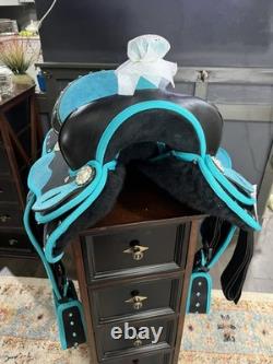 New Turquoise Western Barrel Racing Saddle w Matching Headstall, Reins, Breast c