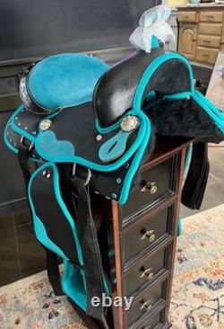 New Turquoise Western Barrel Racing Saddle w Matching Headstall, Reins, Breast c