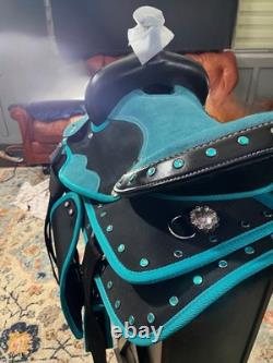 New Turquoise Western Barrel Racing Saddle w Matching Headstall, Reins, Breast c