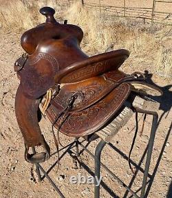 Powder River Saddle Denver Dry Goods 14.5 seat Nice Leather Tooling Old School