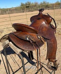 Powder River Saddle Denver Dry Goods 14.5 seat Nice Leather Tooling Old School