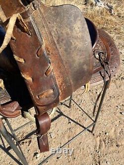 Powder River Saddle Denver Dry Goods 14.5 seat Nice Leather Tooling Old School