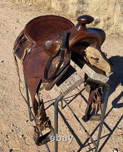 Powder River Saddle Denver Dry Goods 14.5 seat Nice Leather Tooling Old School