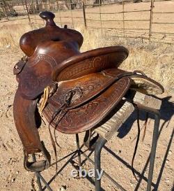 Powder River Saddle Denver Dry Goods 14.5 seat Nice Leather Tooling Old School